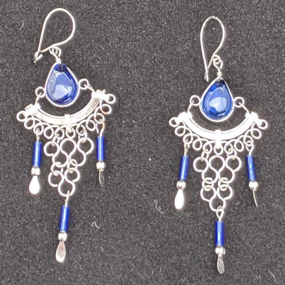 NEW Silver Tone Blue Glass Bead Dangle Earrings